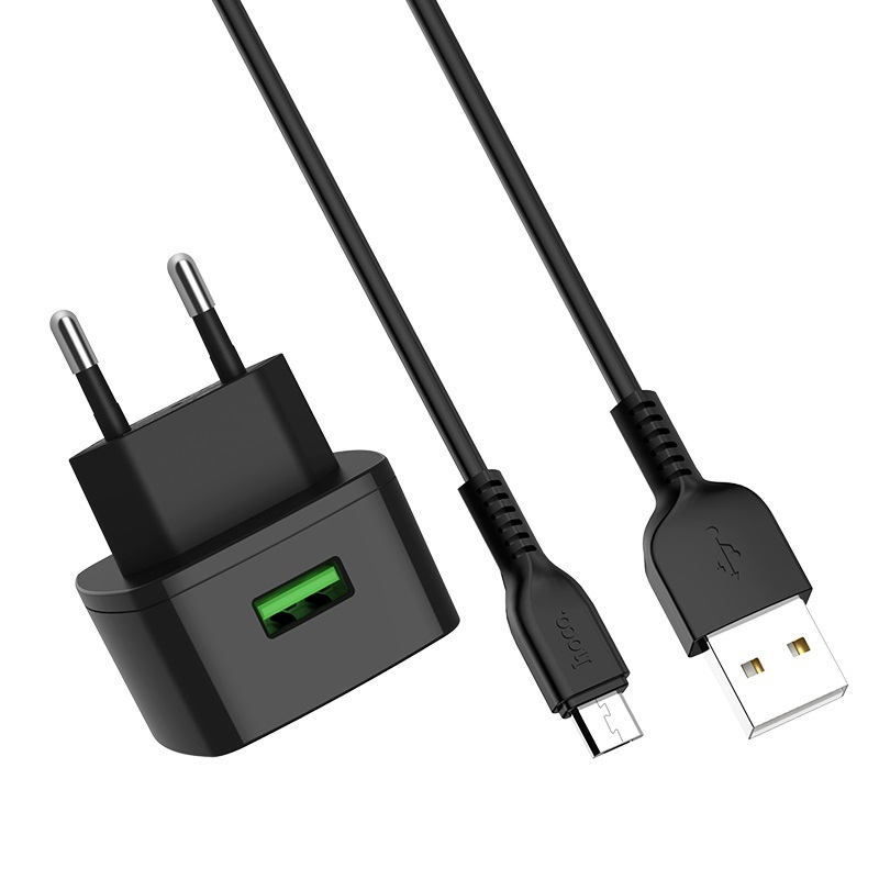 Сетевое зарядное устройство Hoco C70A 1USB 3A, QC 3.0 с кабелем MicroUSB 1м, черный 1/10/100