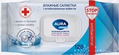 Влажные салфетки Aura антибактериальные с клапаном 120 шт.
