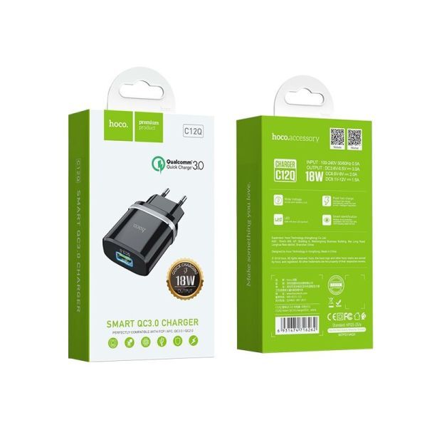 Сетевое зарядное устройство Hoco C12Q 1USB Quick Charge 3,0, 3.0А,черный