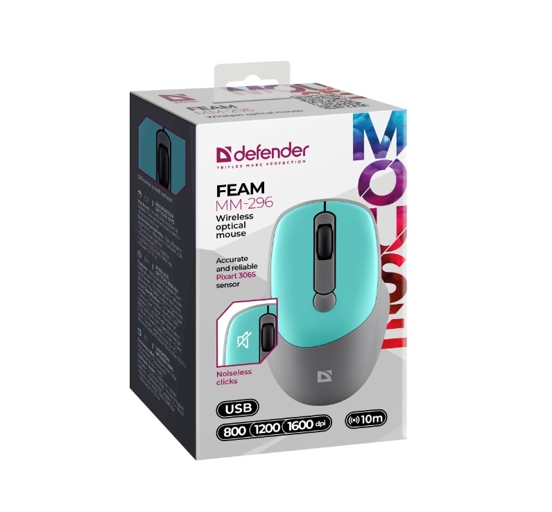 Мышь DEFENDER Feam MM-296, беспр.,опт.,4кн., 800-1600dpi, бесшумная, мятный