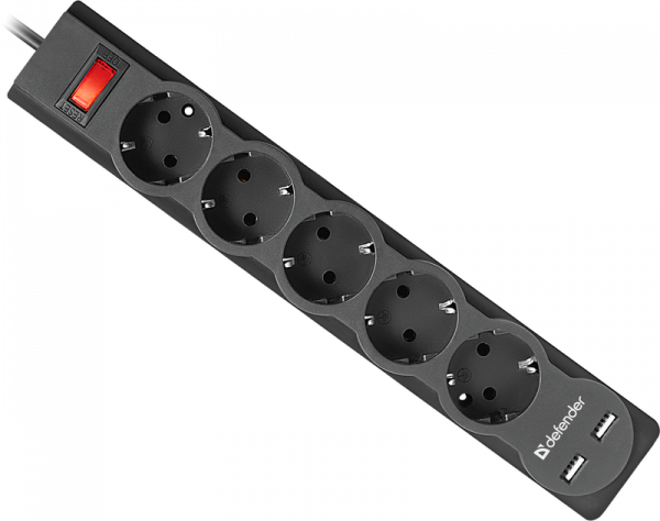 Сетевой фильтр Defender DFS 751, 5 розеток, 2USB, 10А, 2200Вт, 1.8м, заземление, выкл., черный