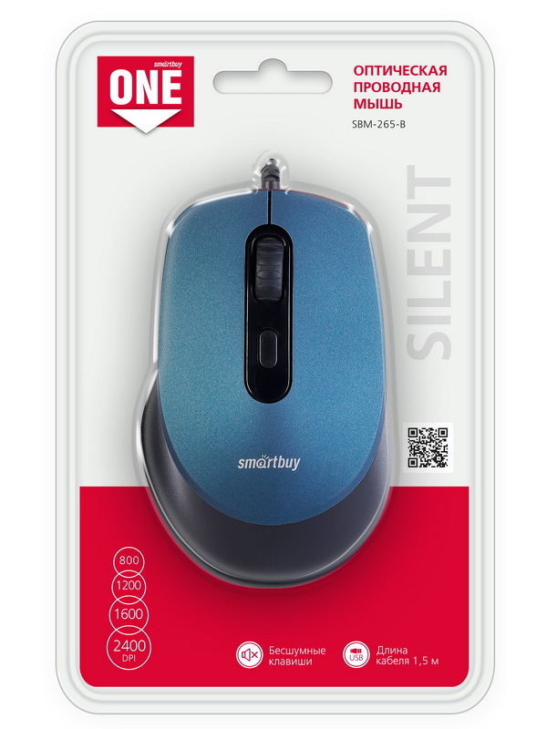 Мышь SmartBuy 265-B One, USB, бесшум.,пров.,опт.,4кн., 800-2400dpi, синий
