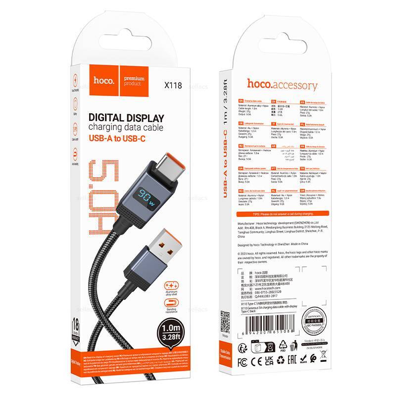 Кабель HOCO USB - Type-C X118, 5А, тканевая оплетка, с дисплеем, 1м, черный