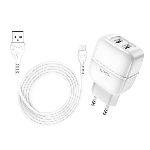 Сетевое зарядное устройство Hoco C77A 2USB 2.4A с кабелем Type-C, белый