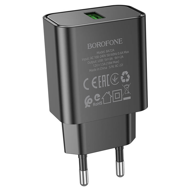 Сетевое зарядное устройство Borofone BA72A, 1USB, QC3.0, 18W, 3A, черный