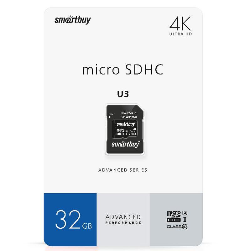 Карта памяти micro SD 32Gb SmartBuy class 10 Advanced с адаптером UHS-I U3