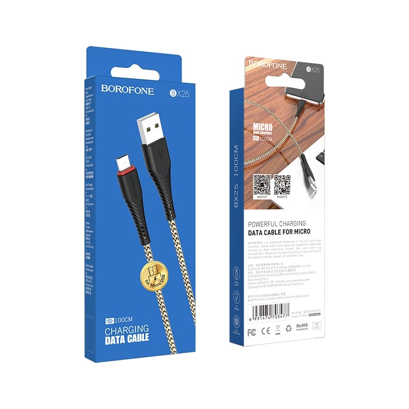Кабель BOROFONE MicroUSB BX25, 2.4А, тканевая оплетка, 1м, черный