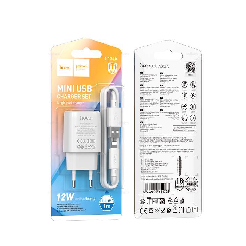 СЗУ Hoco C134A, 1USB, 2.4А + Lightning 1м, белый