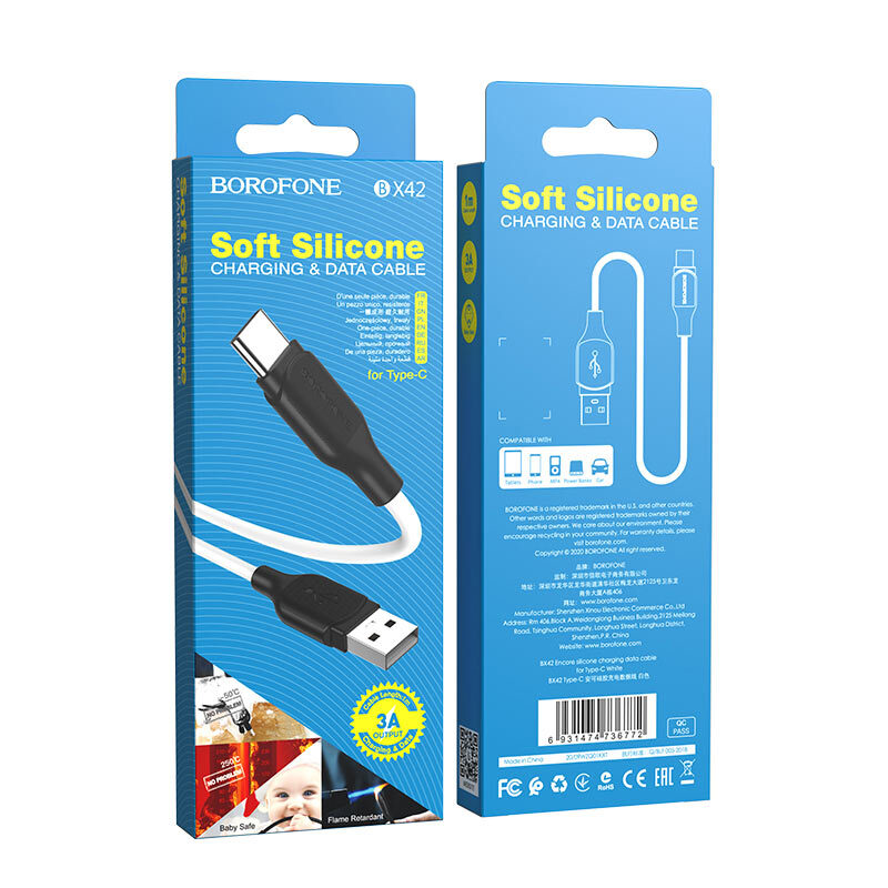 Кабель BOROFONE USB - Type-C BX42, 3A, силиконовый, 1м, белый