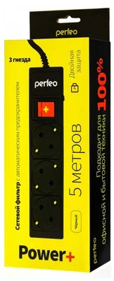 Сетевой фильтр Perfeo "POWER+" 3 розетки, 10А, 2200 Вт, 5м, черный (PF-PP-3/5,0-B)