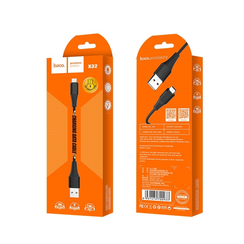 Кабель HOCO MicroUSB X32, 2А, высокопрочный, ТПЭ, 1м, черный