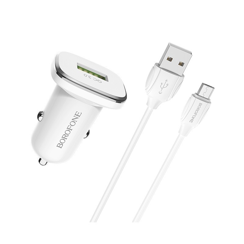 Автомобильное зарядное устройство BOROFONE BZ12A, 1USB, QC3.0, 3A + microUSB 1м, белый
