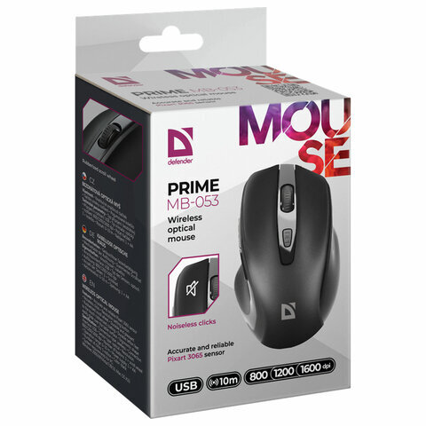 Мышь DEFENDER Prime MB-053, беспр., опт., 6кн., 800-1600dpi, бесшумная, черный