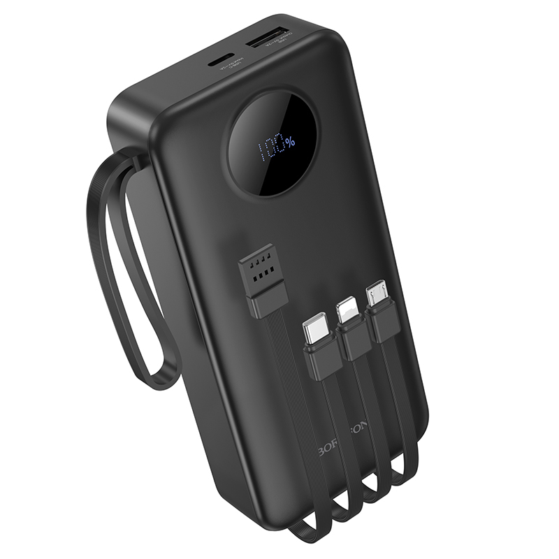 Аккумулятор внешний BOROFONE BJ53A 20000mAh, встроенные кабели USB+Lightning+microUSB+Type-C, черный