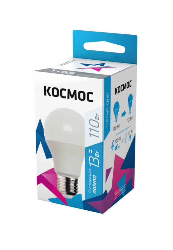 Лампа cветодиодная КОСМОС "ЭКОНОМИК" А60 13W 220V E27 3000K (Теплый свет, Пластиковый корпус)							