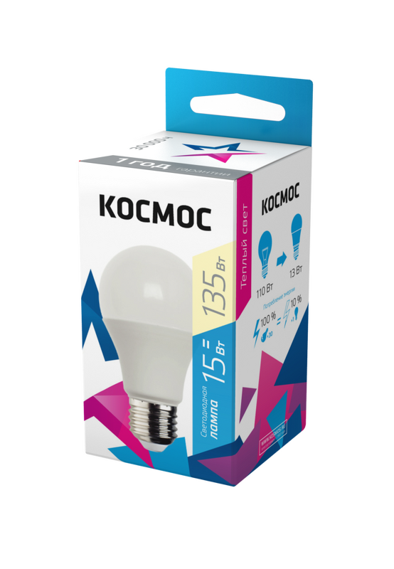 Лампа cветодиодная КОСМОС "ЭКОНОМИК" А60 15Вт Е27 220v 4500K (Белый свет, Пластиковый корпус)							