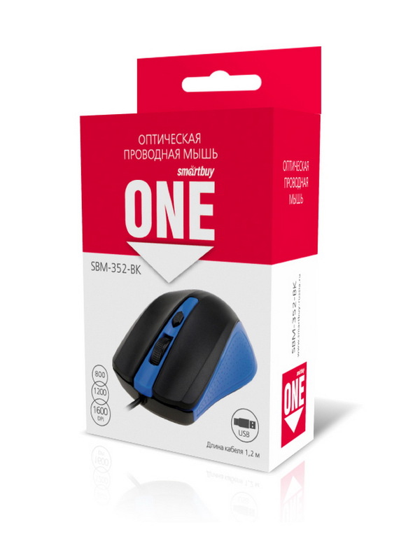Мышь SmartBuy 352 One, USB, пров.,опт.,4кн., 800-1600dpi, синий/черный