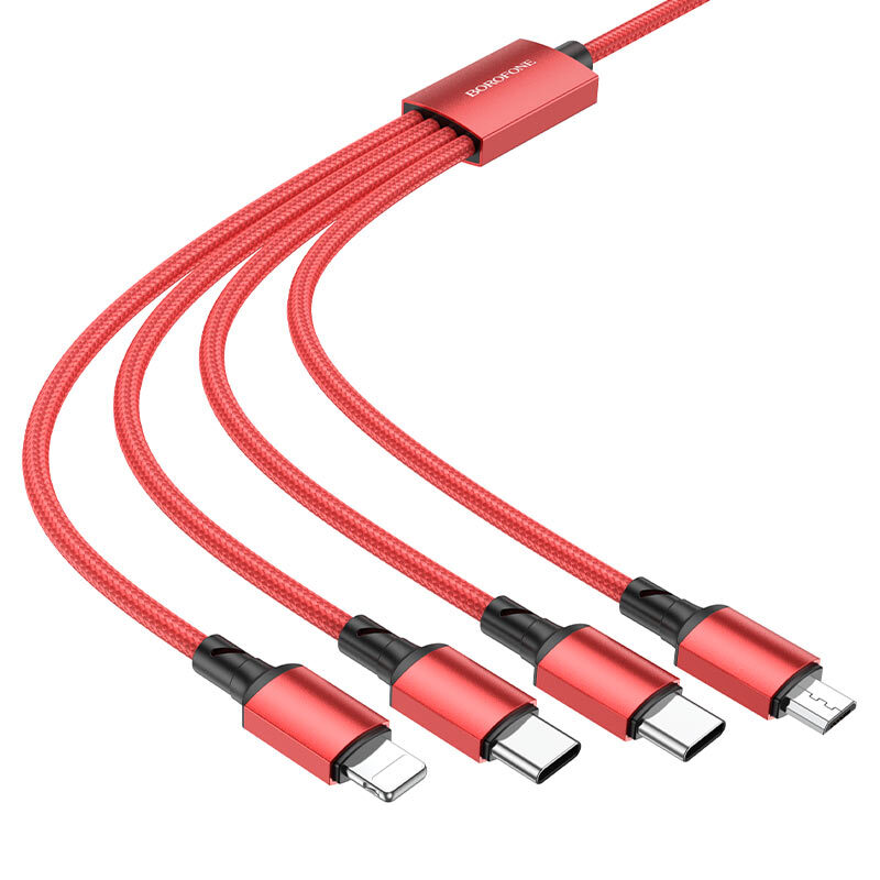 Кабель BOROFONE BX72 4в1 MicroUSB+2Lightning+Type-C, 2А, тканевая оплетка, 1м, красный