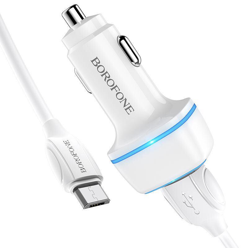 Автомобильное зарядное устройство BOROFONE BZ14, 2USB, 2.4A + MicroUSB 1м, белый
