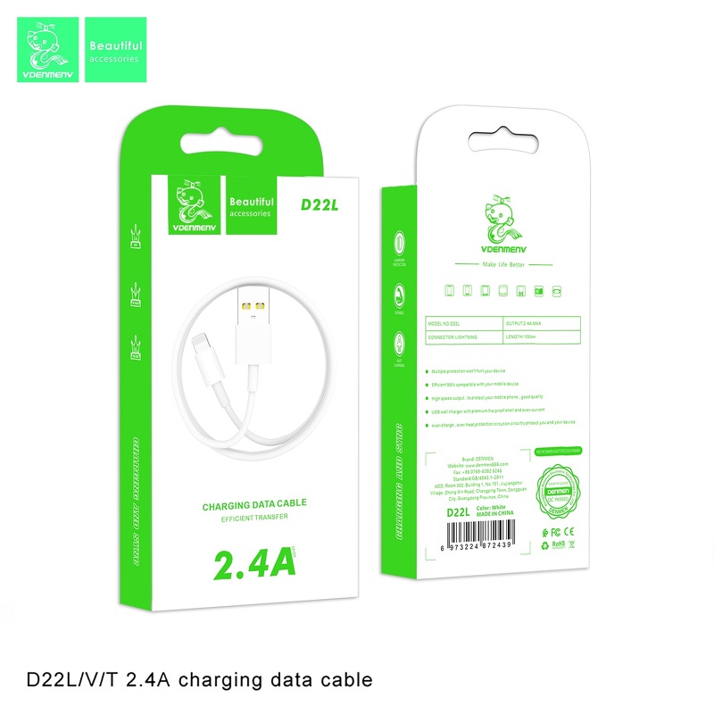 Кабель vDENMENv USB - Lightning D22L, 2.4А, ПВХ, 1м, белый