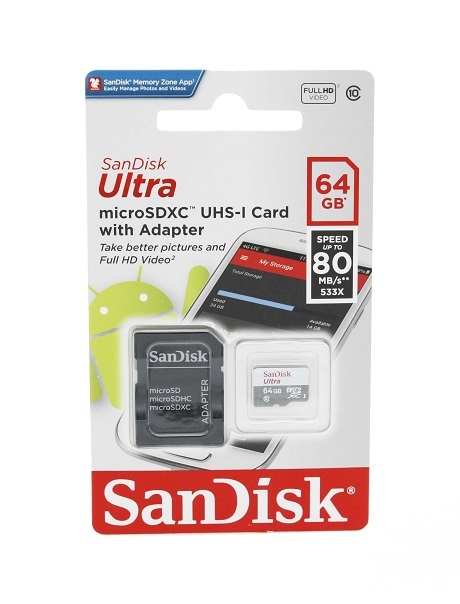 Карта памяти micro SD 64Gb SanDisk class 10 с адаптером UHS