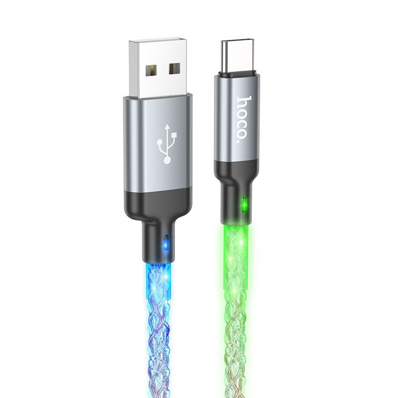 Кабель HOCO USB - Type-C U112, 3А, светящийся, ТПЭ, 1м, серый
