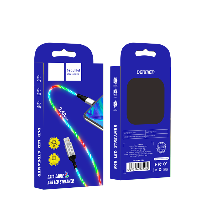 Кабель vDENMENv USB - Type-C D25T, 2.4А, светящийся, ПВХ, 1м, серебристый