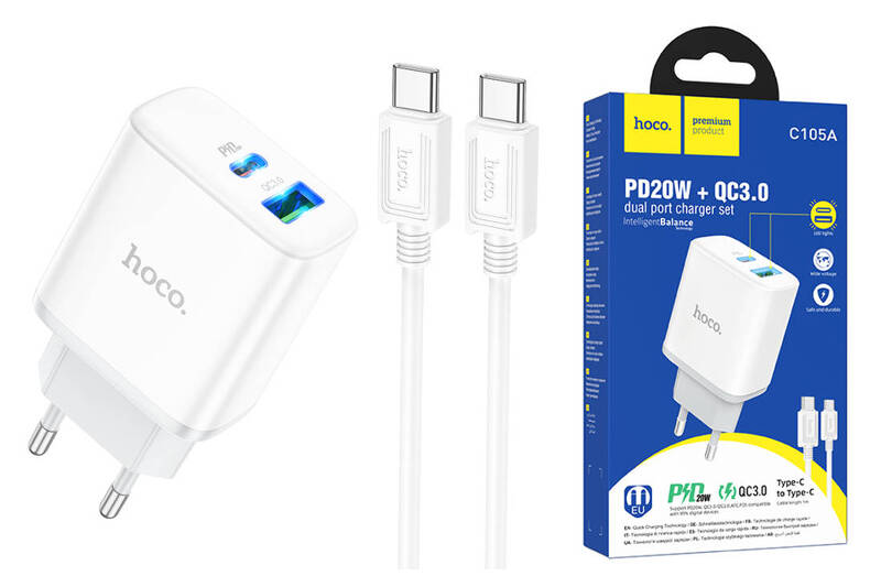 СЗУ Hoco C105A, 1USB/1Type-C, QC3.0+PD20W, 3A + Type-C 1м, белый