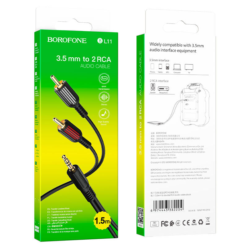 Шнур 3.5Дж-2RCA 1.5м (шт/шт) Borofone BL11, ПВХ, черный