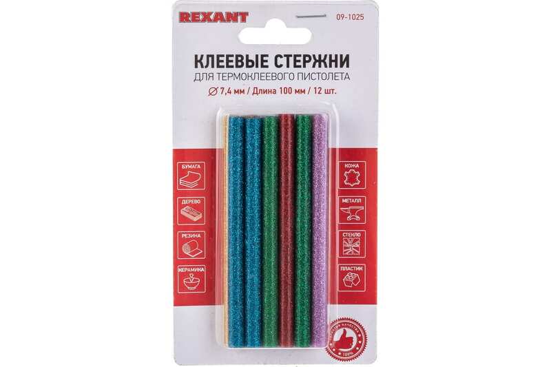 Клеевой стержень REXANT d=7.4 мм L=100мм разноцветные с блестками (12шт)