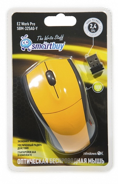 Мышь SmartBuy 325AG, USB, беспр.,опт.,3кн., 1000dpi, желтый