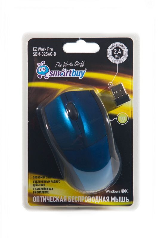 Мышь SmartBuy 325AG, USB, беспр.,опт.,3кн., 1000dpi, синий