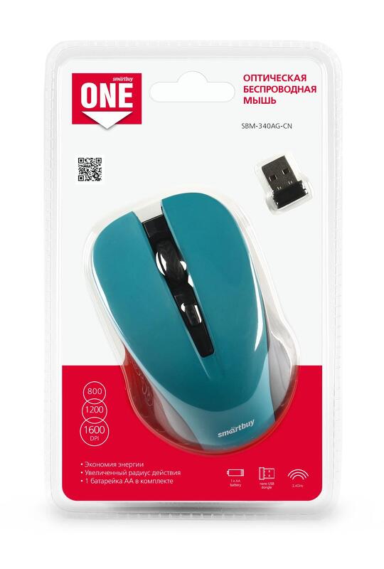 Мышь SmartBuy 340AG One, USB, беспр.,опт.,4кн., 800-1600dpi, бирюзовый