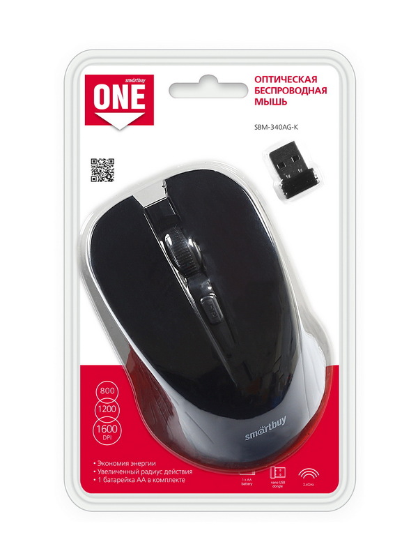 Мышь SmartBuy 340AG One, USB, беспр.,опт.,4кн., 800-1600dpi, черный