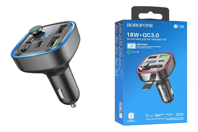 FM-модулятор BOROFONE BC48, 2USB/1Type-C/microSD/BT5.0, PD20W, QC3.0, 12-24V/5V/1.5A, черный