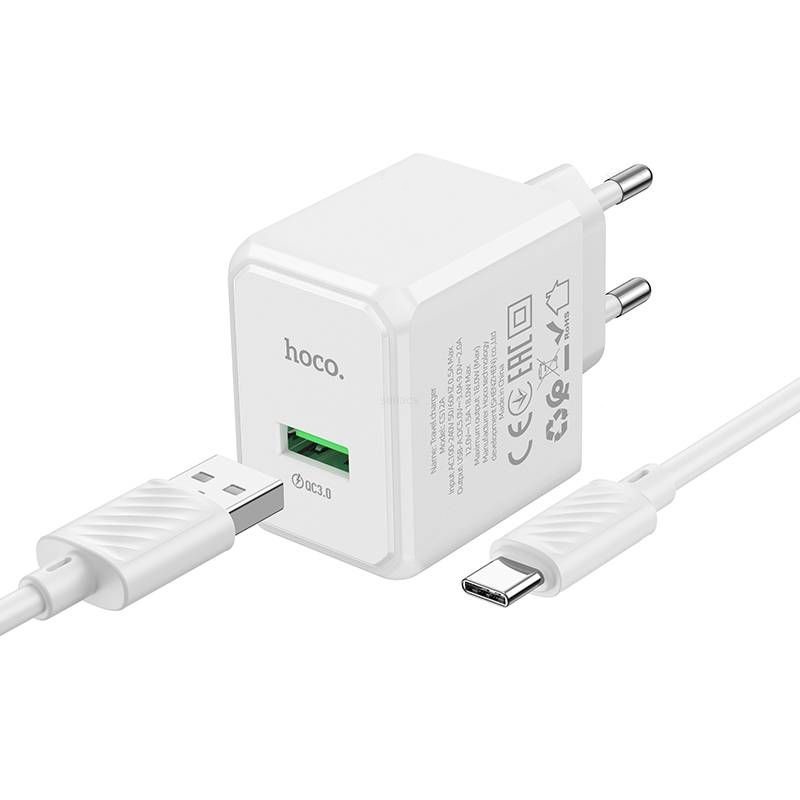 Сетевое зарядное устройство Hoco CS12A, 1USB, QC3.0, 18W, 3A + Type-C 1м, белый