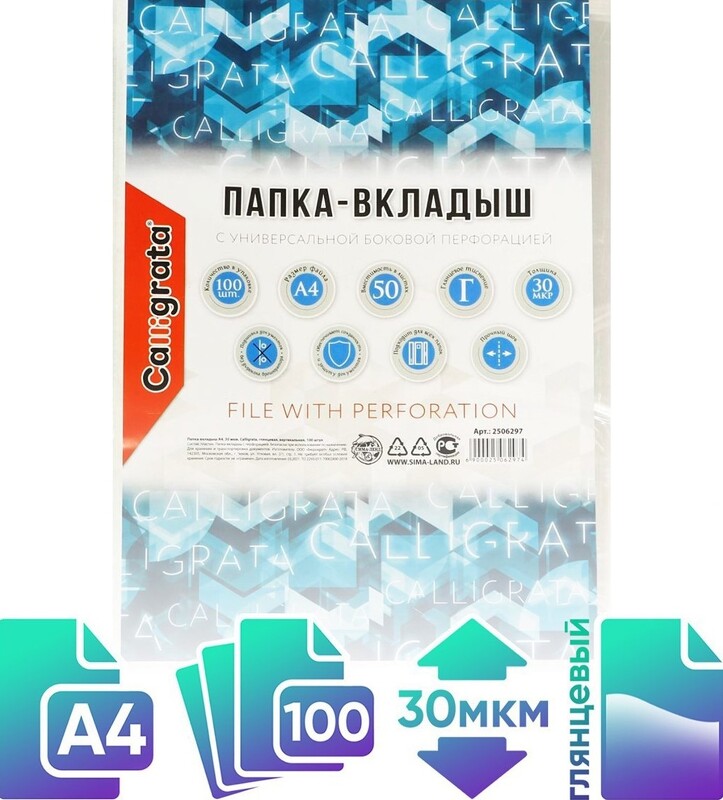 Файл - вкладыш Calligrata, А4, 30 мкм, глянцевый, вертикальный, 100 штук