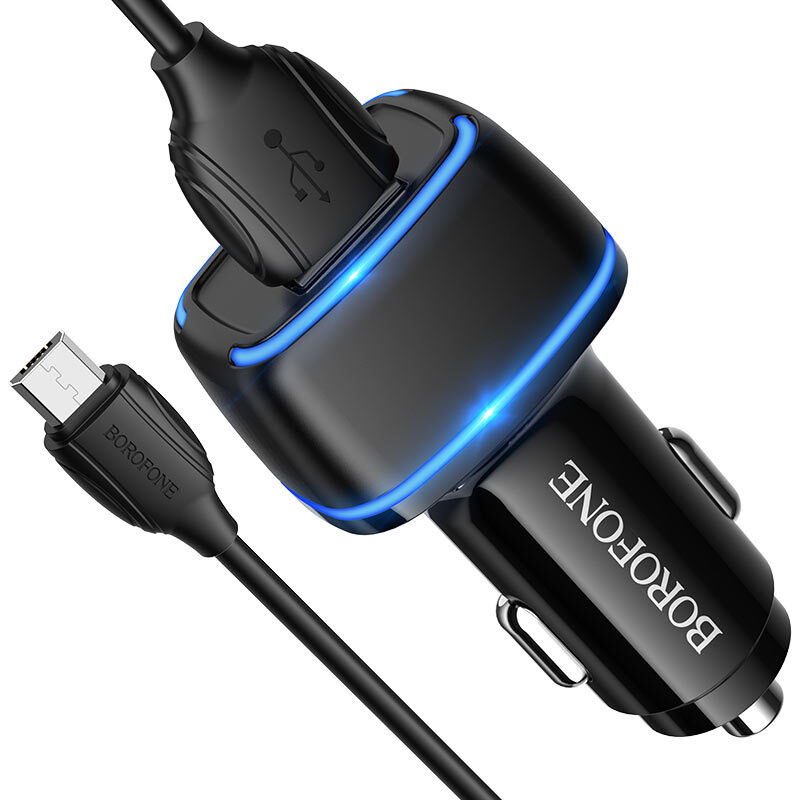 Автомобильное зарядное устройство BOROFONE BZ14, 2USB, 2,4A  MicroUSB 1м, черный