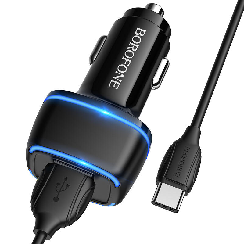 Автомобильное зарядное устройство BOROFONE BZ14, 2USB, 2,4A с кабелем Type-C 1м, черный