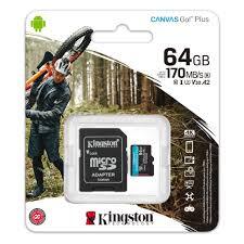Карта памяти micro SD 64Gb Kingston class 10 Canvas Go Plus с адаптером UHS-I U3 V30 A2