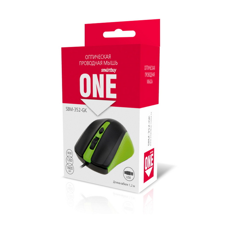 Мышь SmartBuy 352 One, USB, пров.,опт.,4кн., 800-1600dpi, зеленый/черный