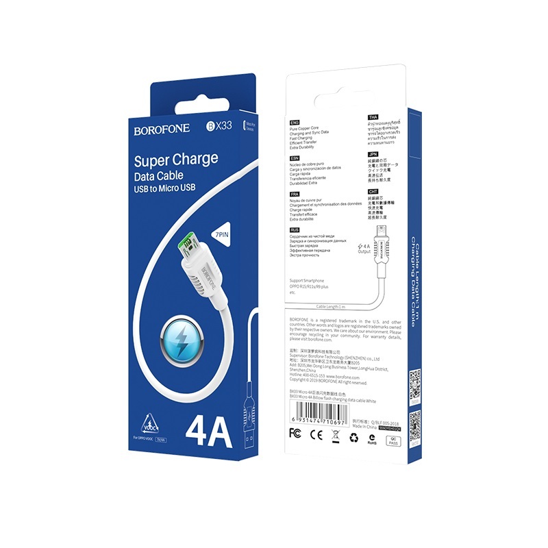 Кабель BOROFONE MicroUSB BX33, 4А, ТПЭ, 1м, белый 1/360