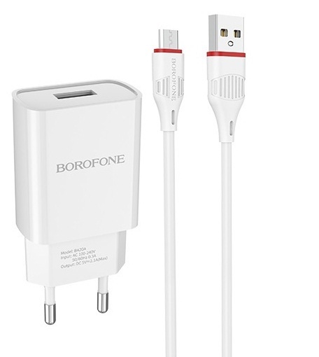 Сетевое зарядное устройство BOROFONE BA20A, 1USB, 2.1A + MicroUSB 1м, белый