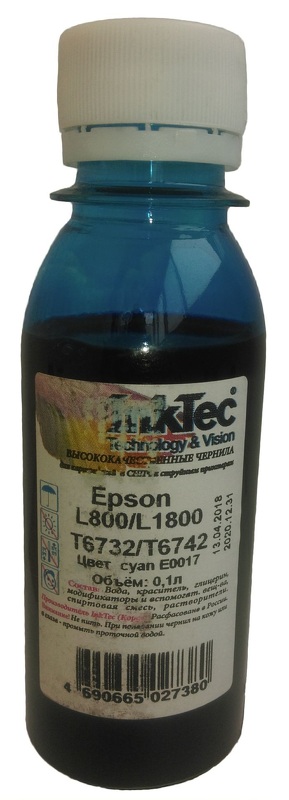 Чернила InkTec (E0017) для Epson L800/ L1800 (T6732/ T6742), C, 0,1 л.
