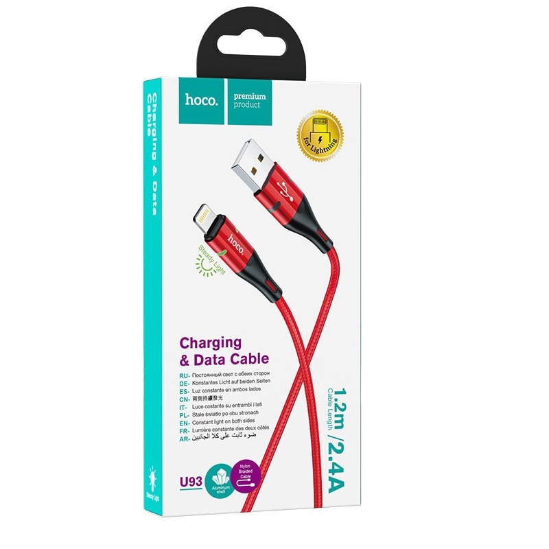 Кабель HOCO USB - Lightning U93, 2.4А, с индикатором, тканевая оплетка, 1.2м, красный
