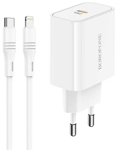 Сетевое зарядное устройство Borofone BA57A, 1Type-C, PD20W, 3A + Type-C/Lightning 1м, белый