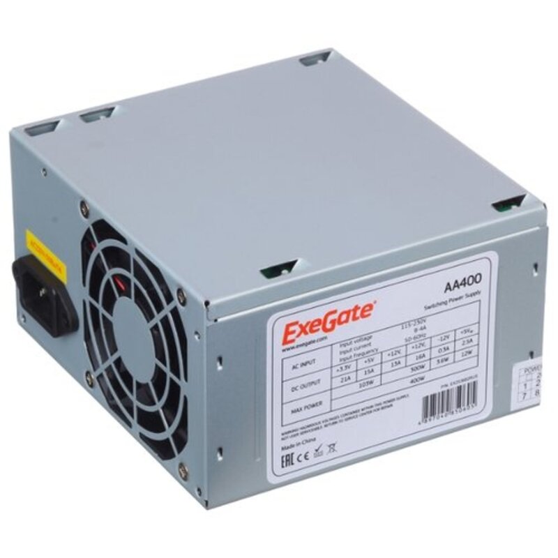 Блок питания 400W ATX Exegate AA400 (8cm fan/24+4pin/2*SATA/1*IDE) (256672/253682) (без сетевого шну