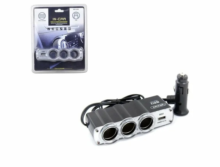 Разветвитель прикуривателя WF-0120, 3 выхода+1USB, 5V/2.4A, черный