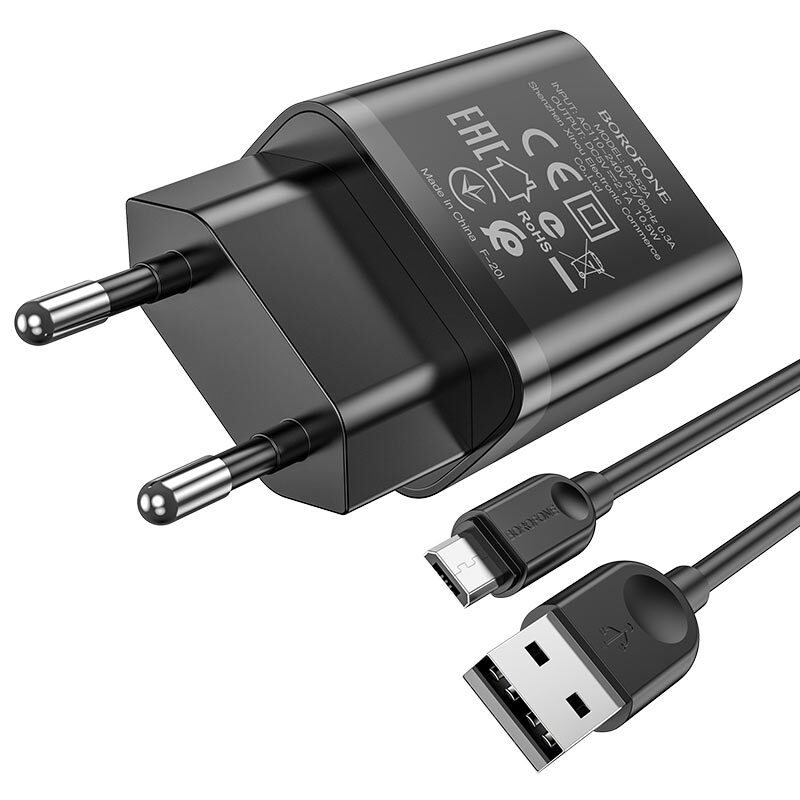 СЗУ BOROFONE BA52A, 1USB, 2.1A + MicroUSB 1м, черный