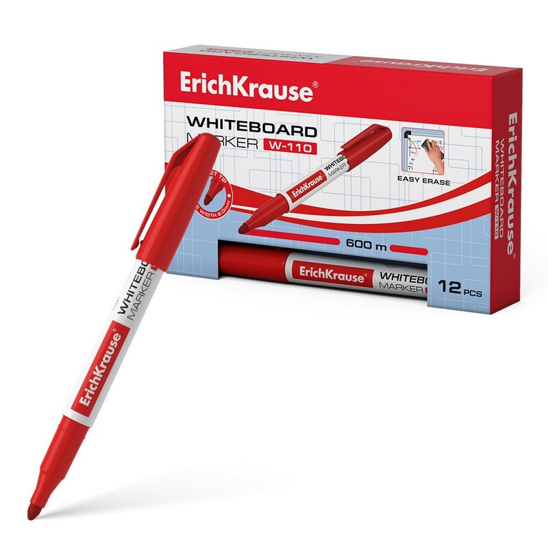 Маркер для доски ErichKrause. W-110, узел 2.0 мм, ширина линии 2.0 мм, спиртовой, красный